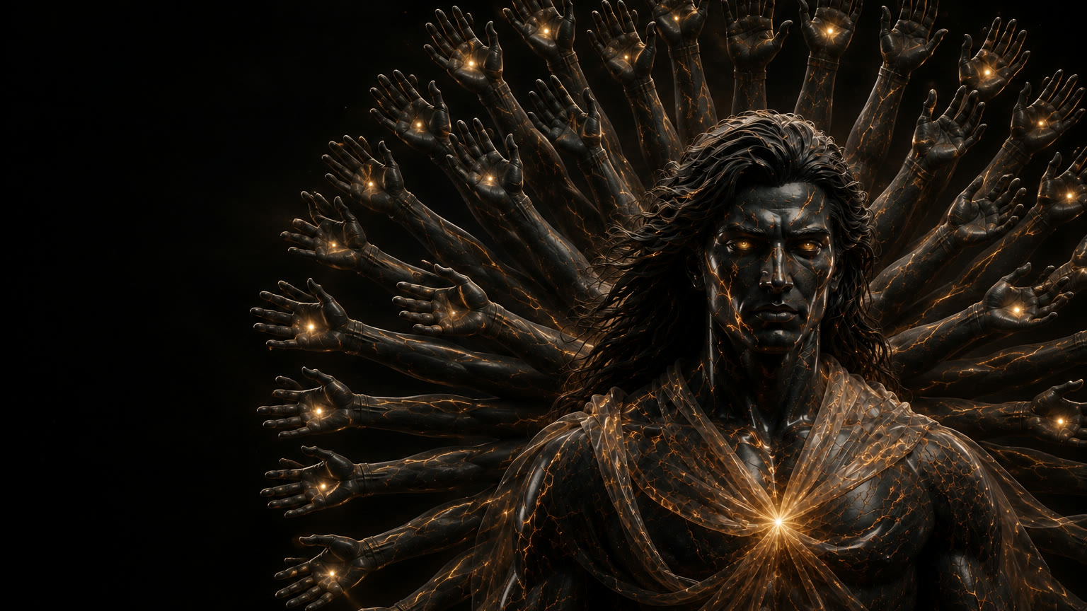 Kalki, an obsidian figure veined with gold, thirty-six arms fanned behind him like a wheel, every hand open